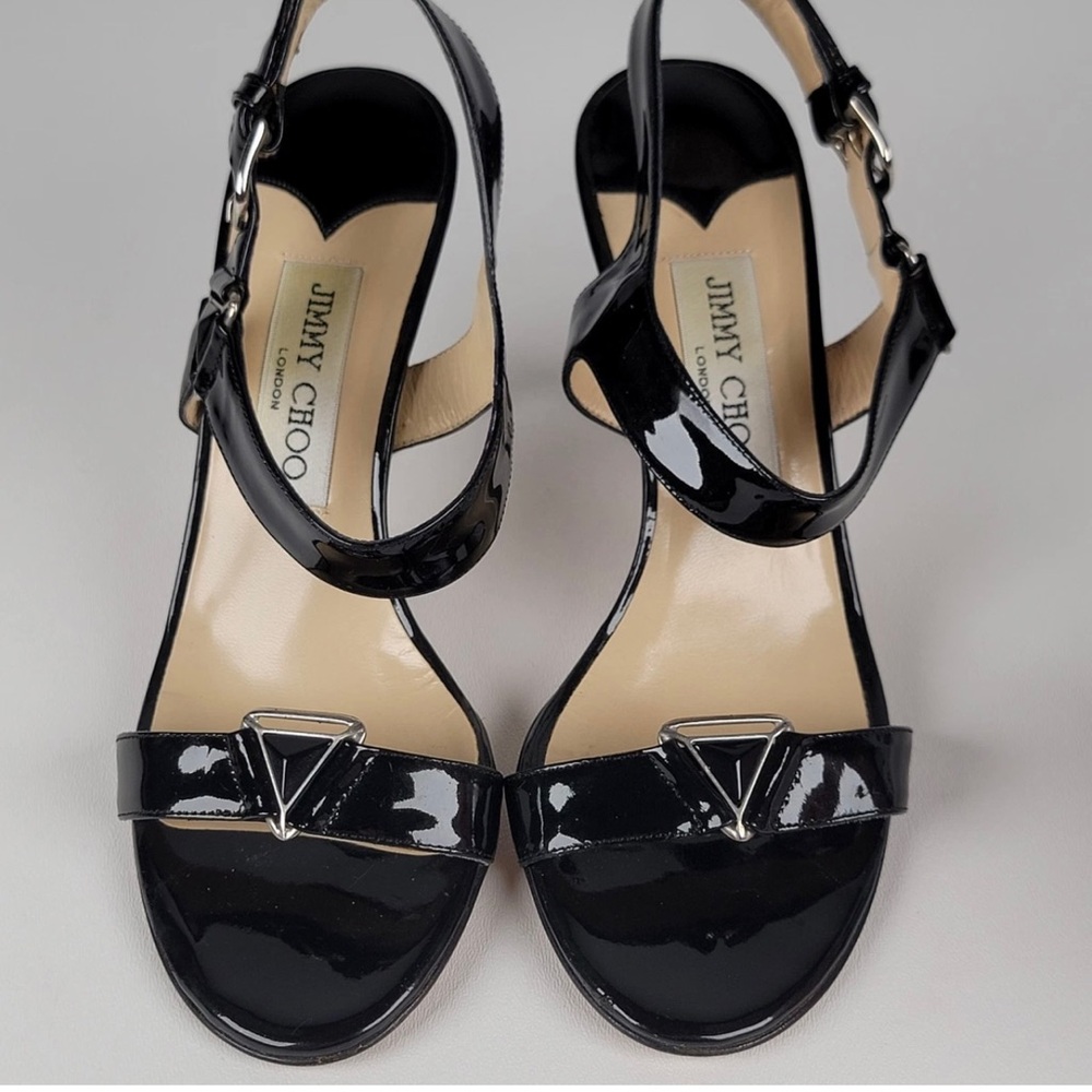 Jimmy Choo Black Patent Leather Ankle-Strap Sandals with Silver Accent